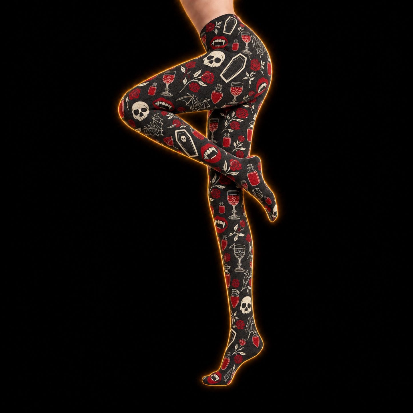 Crosfil Nightcap Footed Tights — Vampire Skulls & Roses Print
