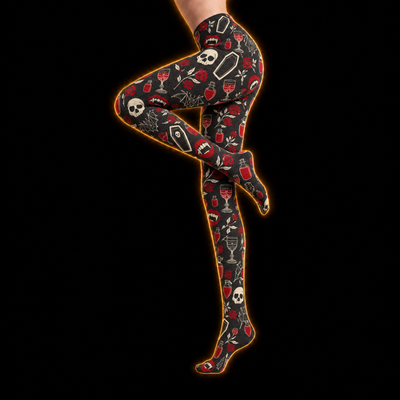 Crosfil Nightcap Footed Tights — Vampire Skulls & Roses Print