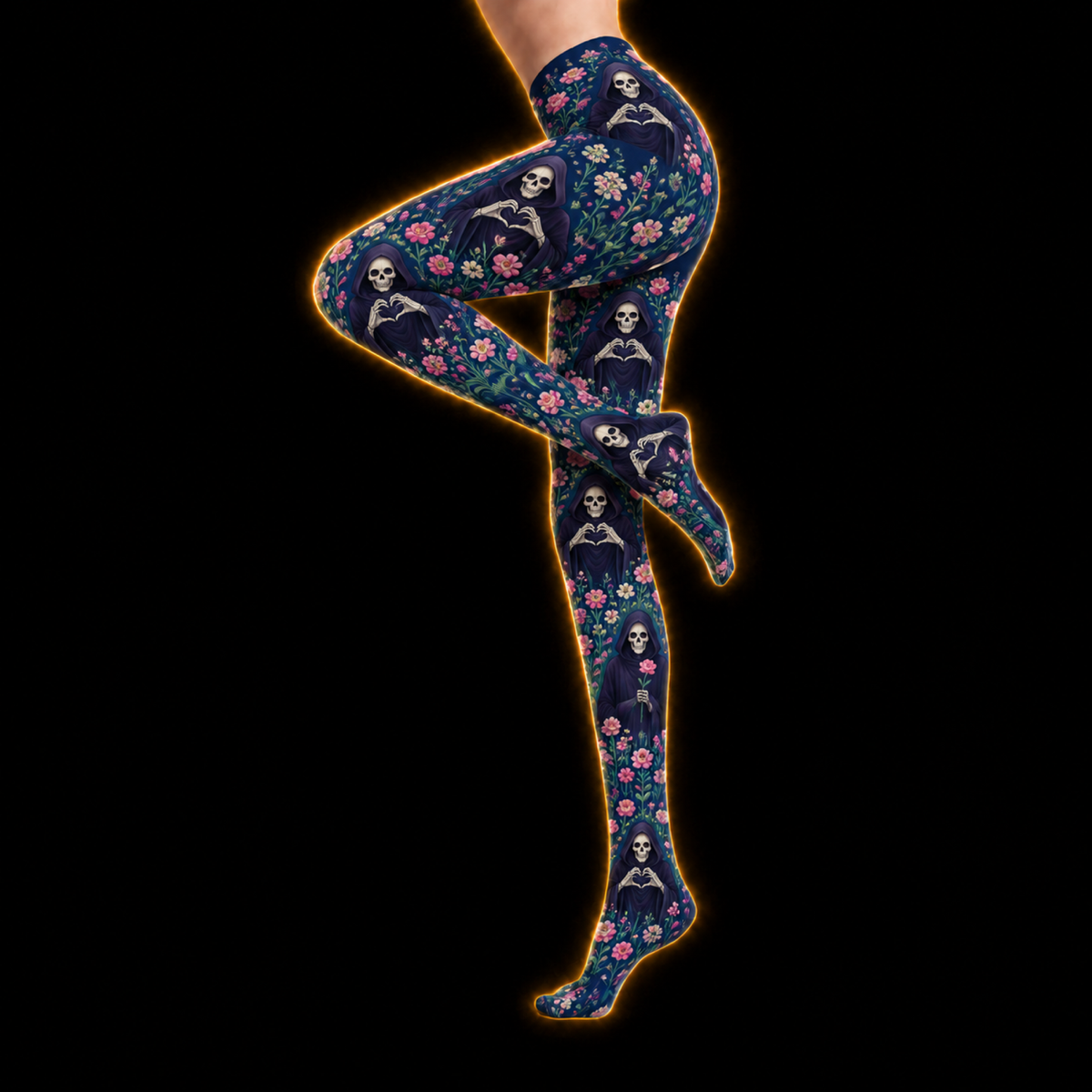 Crosfil Admirer Footed Tights — Grim Reaper Heart Hands Floral Print