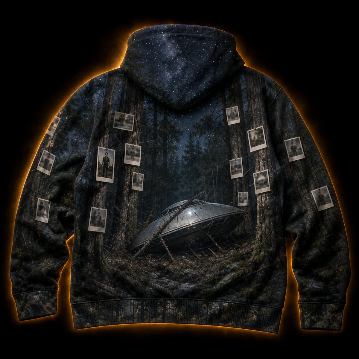 Crosfil Alibi Hoodie — Bigfoot & Alien Campfire Cryptid Print