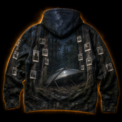 Crosfil Alibi Hoodie — Bigfoot & Alien Campfire Cryptid Print