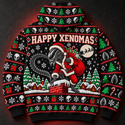 Happy Xenomas Unisex Hoodie — Alien Santa Ugly Christmas Sweater Print
