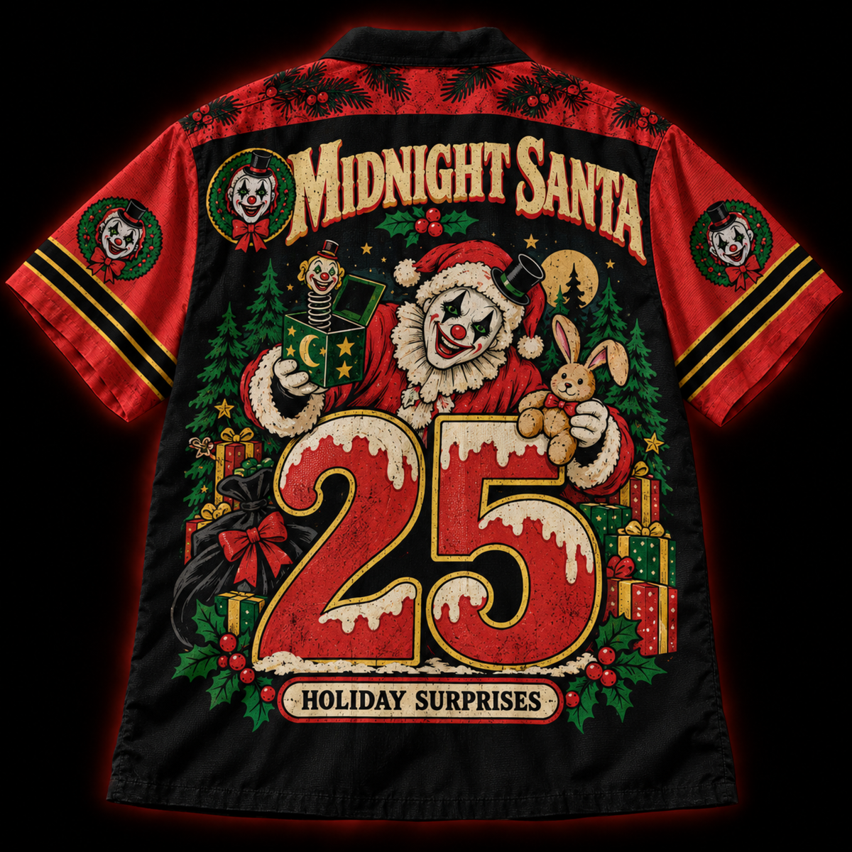 Midnight Santa Hawaiian Shirt — Vintage Horror Clown Christmas Print