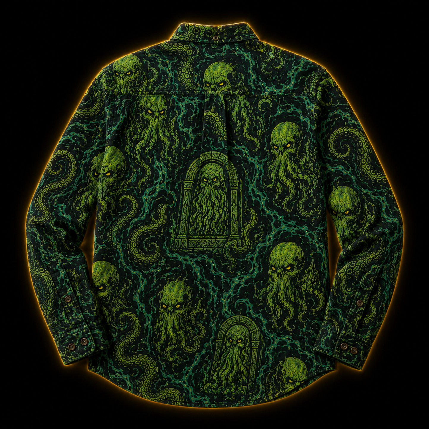 Crosfil Cthulhu Necropolis Long Sleeve Shirt — Green Eldritch Idol All-Over Print