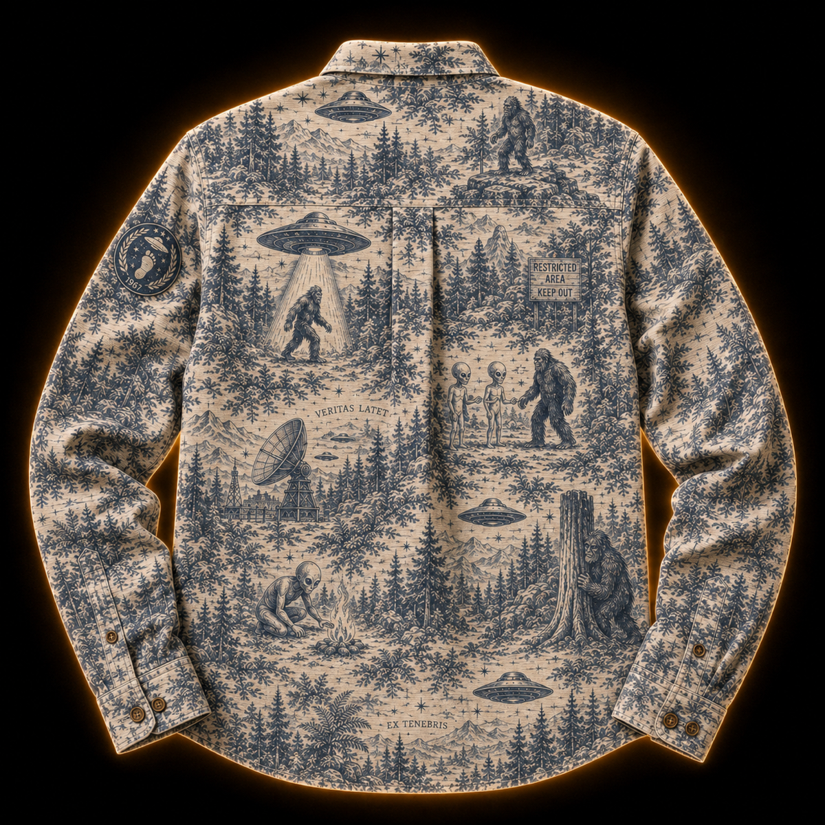 Crosfil Cryptid Toile Long Sleeve Shirt — Bigfoot & UFO Vintage Toile Print