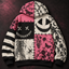 Patchwork Grin Unisex Hoodie — Stitched Smile Pink Gothic Print