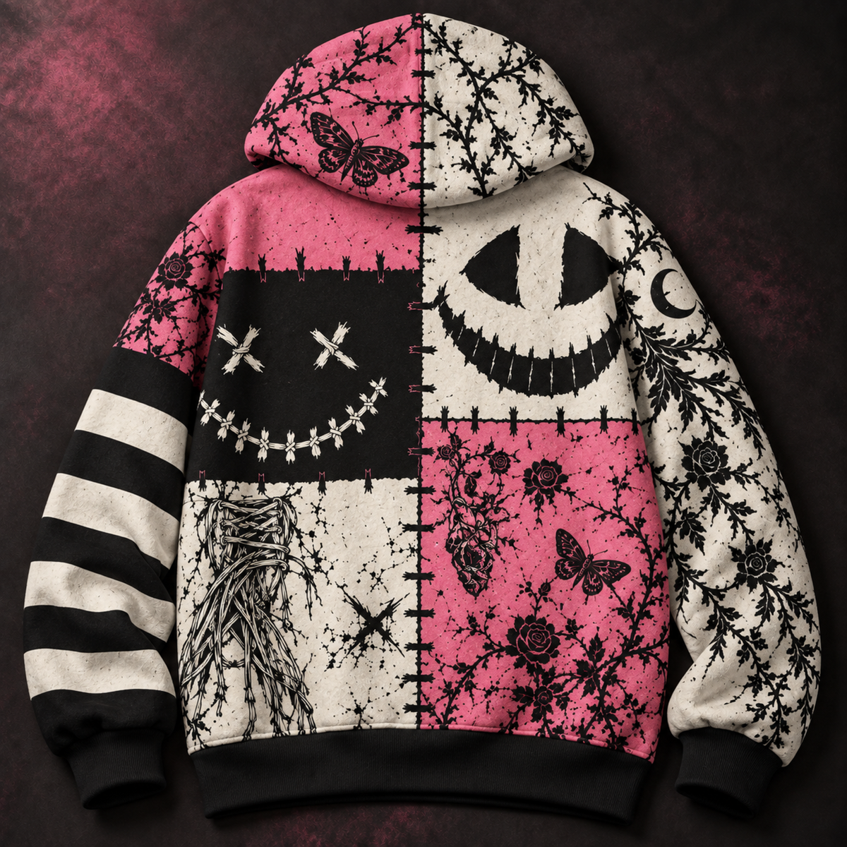 Patchwork Grin Unisex Hoodie — Stitched Smile Pink Gothic Print