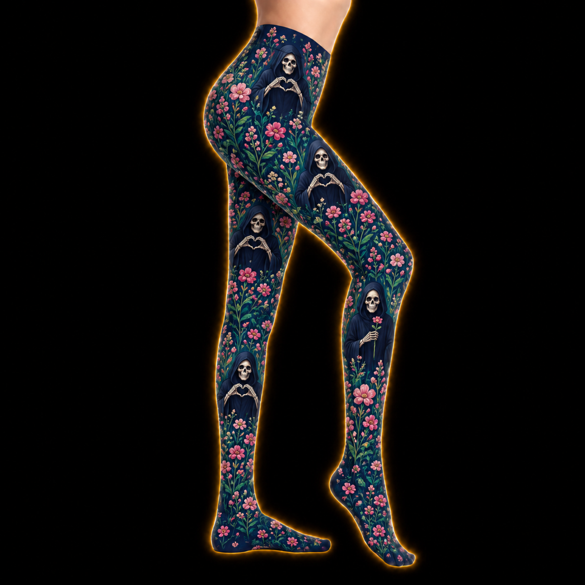 Crosfil Admirer Footed Tights — Grim Reaper Heart Hands Floral Print