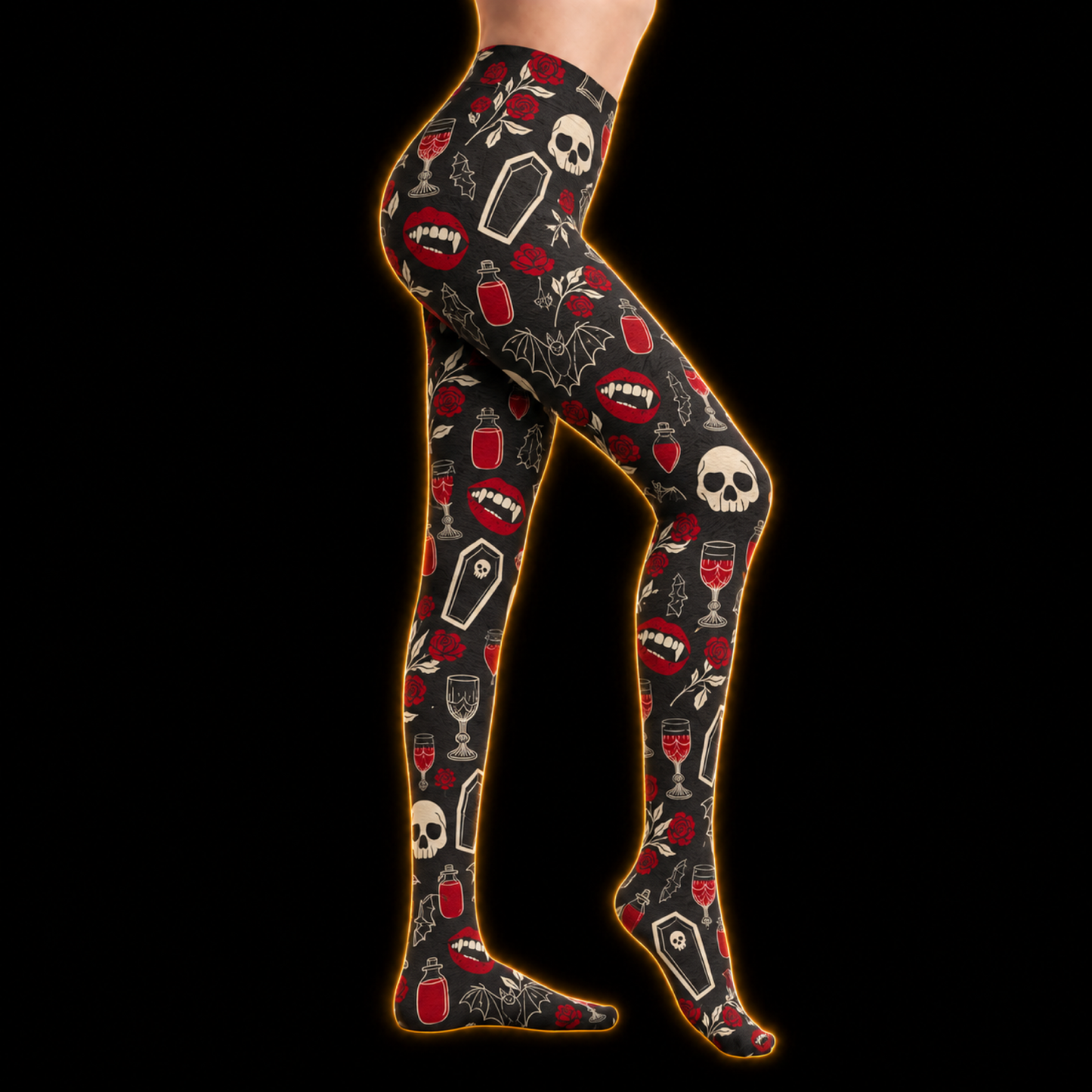 Crosfil Nightcap Footed Tights — Vampire Skulls & Roses Print