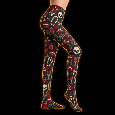 Crosfil Nightcap Footed Tights — Vampire Skulls & Roses Print