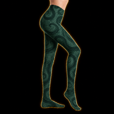 Crosfil Jade Grasp Footed Tights — Emerald Tentacle Damask Print
