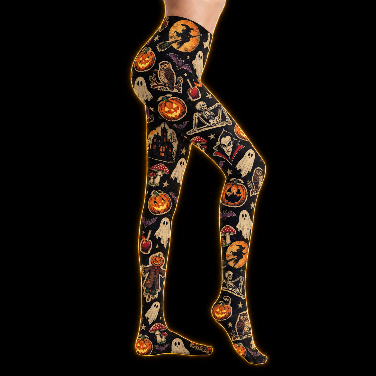 Crosfil October Forever Footed Tights — Vintage Halloween Sticker Print