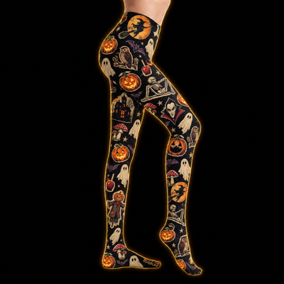 Crosfil October Forever Footed Tights — Vintage Halloween Sticker Print