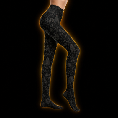 Crosfil Mothman Damask Footed Tights — Black Gothic Floral Cryptid Print