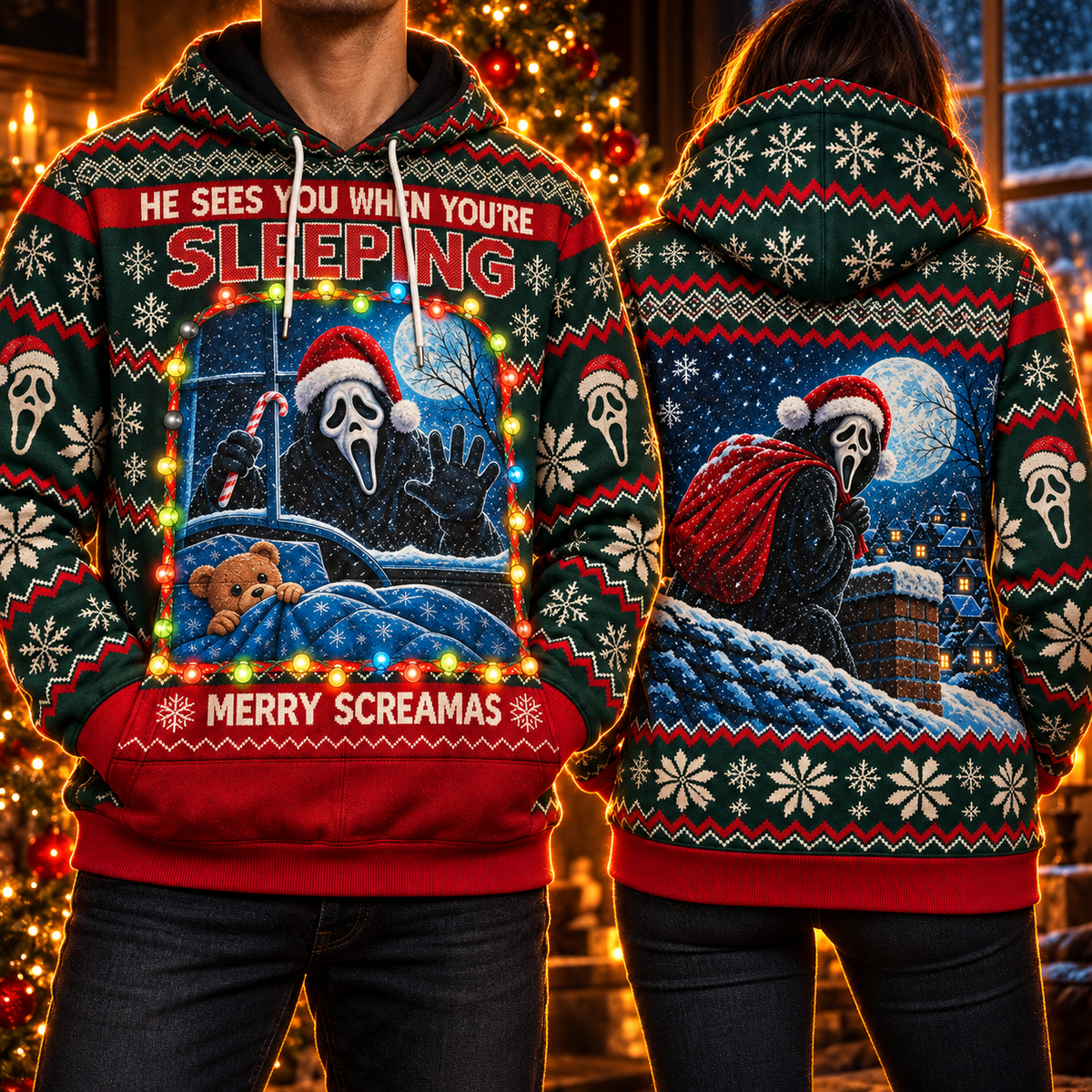 He Sees You When You’re Sleeping Unisex Hoodie — Merry Screamas Knit-Look Print