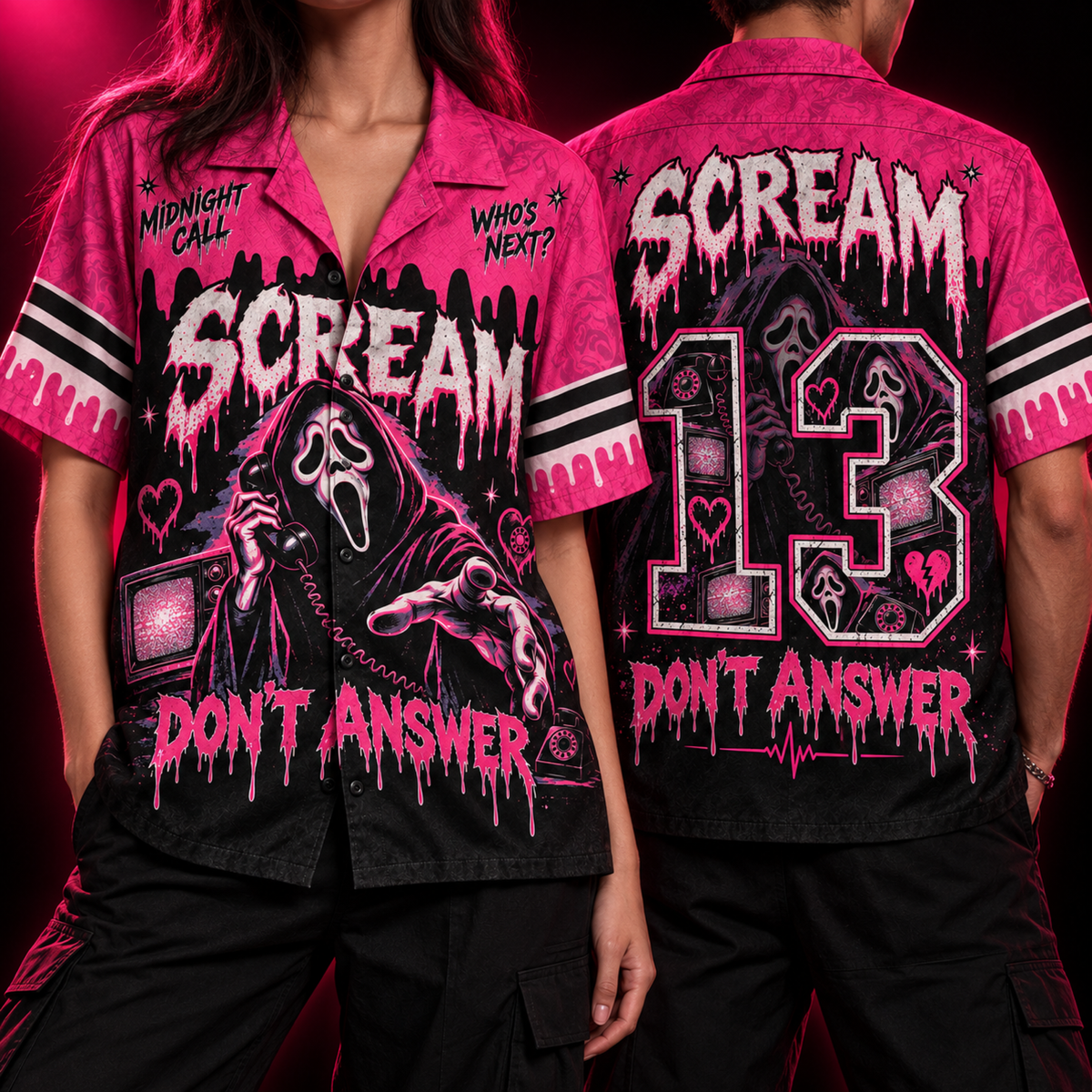 Midnight Call Hawaiian Shirt  Pink Horror Print