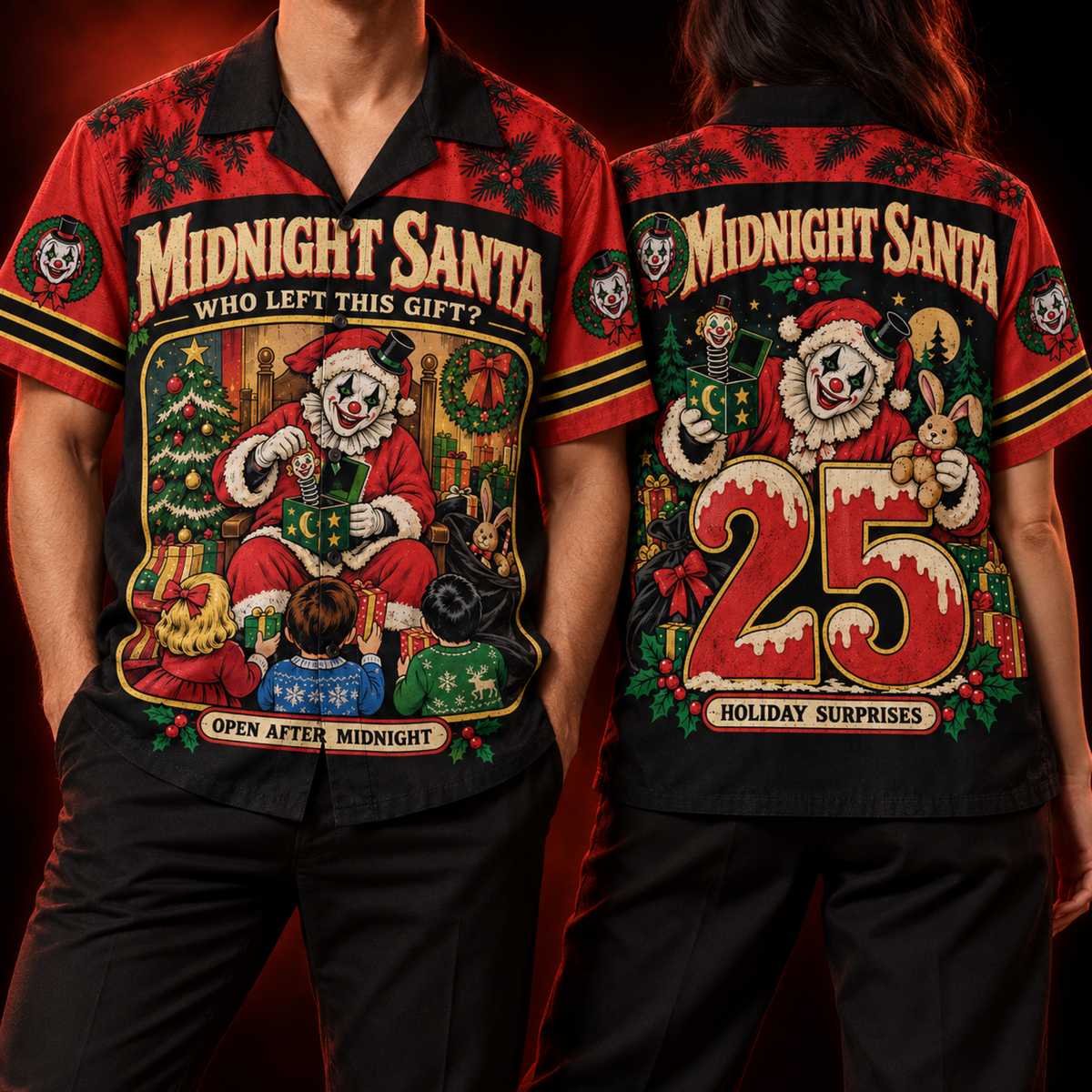 Midnight Santa Hawaiian Shirt — Vintage Horror Clown Christmas Print