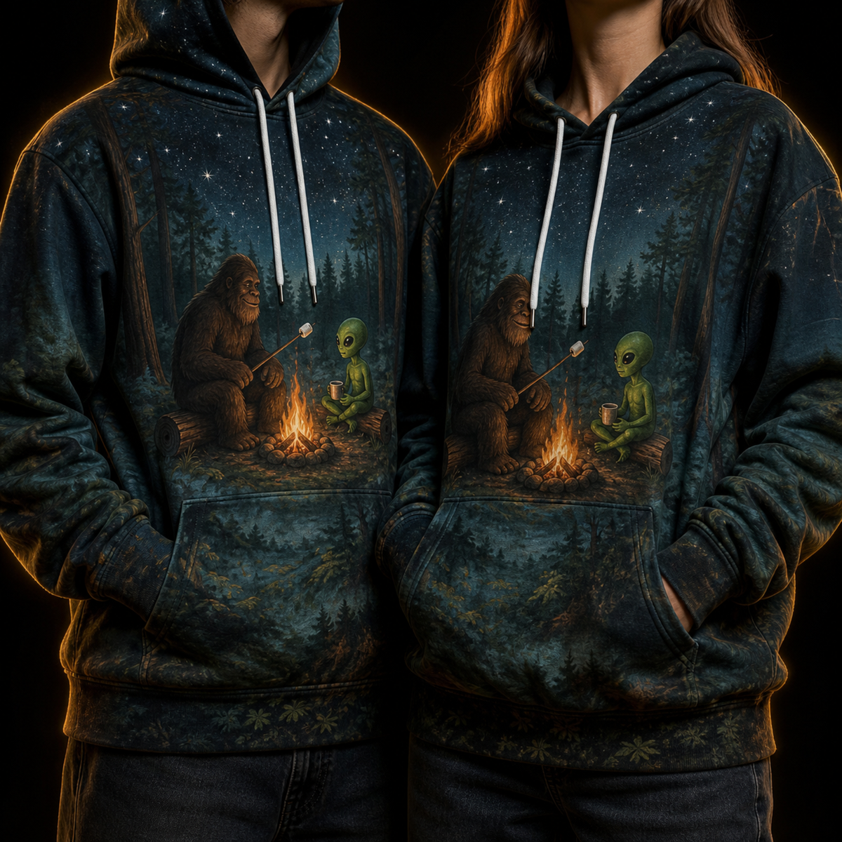 Crosfil Alibi Hoodie — Bigfoot & Alien Campfire Cryptid Print