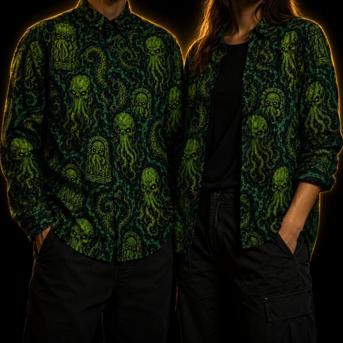 Crosfil Cthulhu Necropolis Long Sleeve Shirt — Green Eldritch Idol All-Over Print