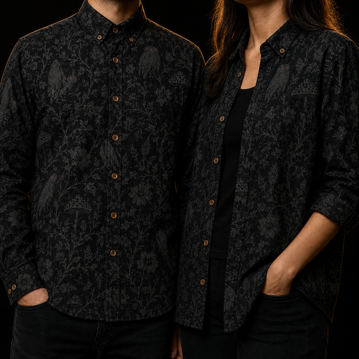 Crosfil Mothman Damask Long Sleeve Shirt — Black Gothic Floral Cryptid Print