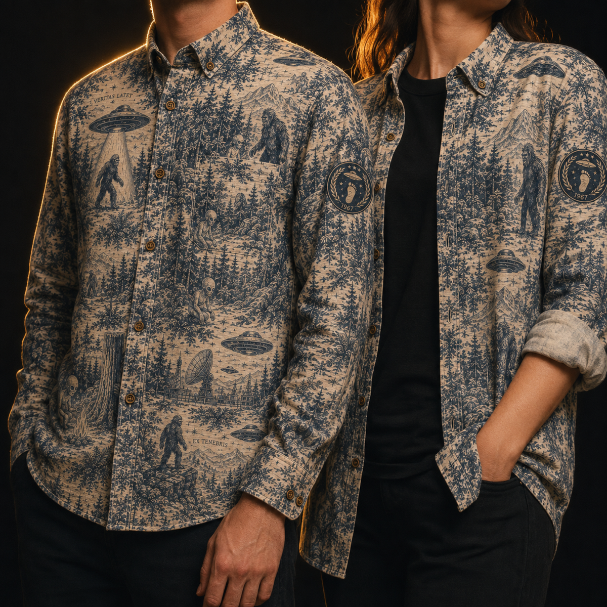 Crosfil Cryptid Toile Long Sleeve Shirt — Bigfoot & UFO Vintage Toile Print