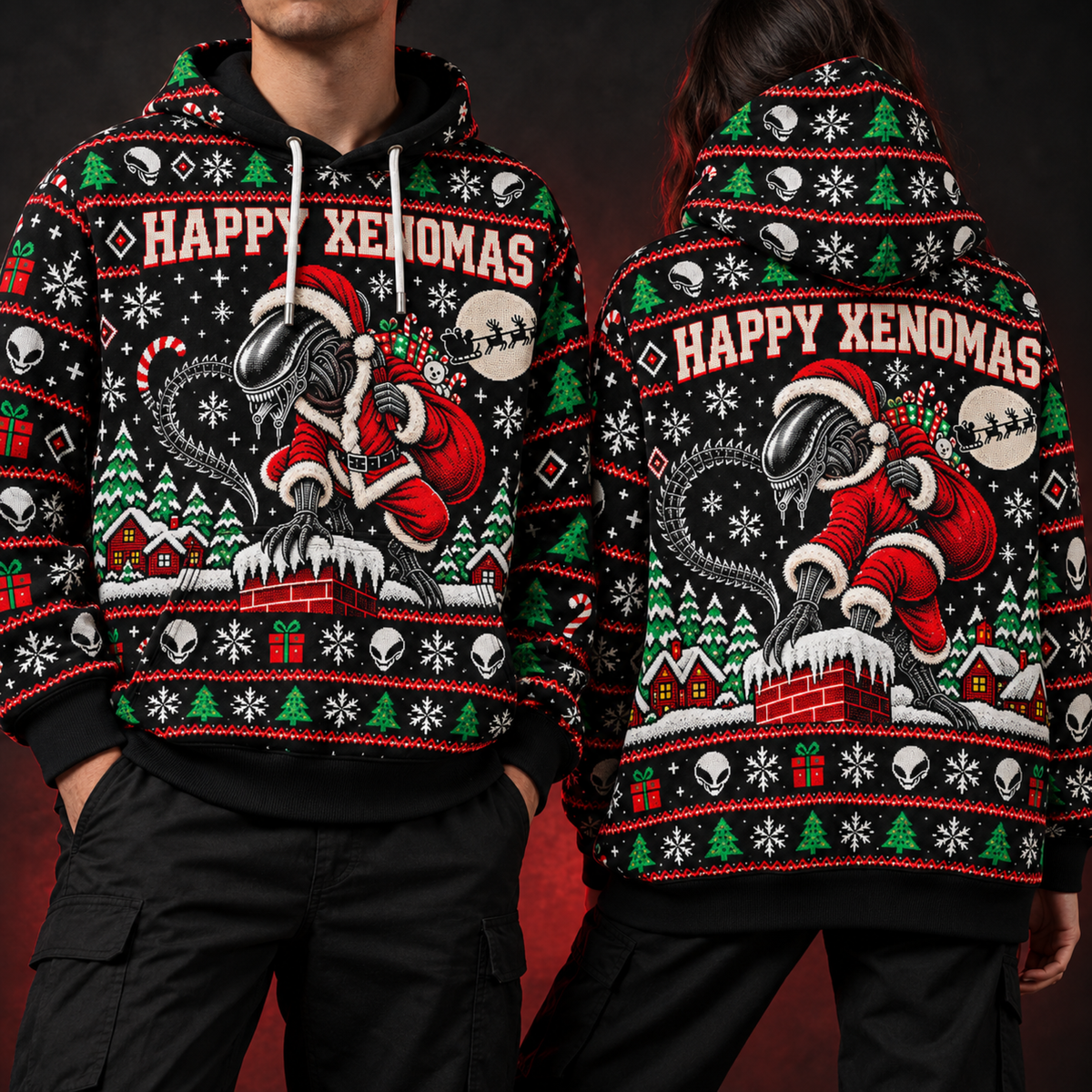 Happy Xenomas Unisex Hoodie — Alien Santa Ugly Christmas Sweater Print