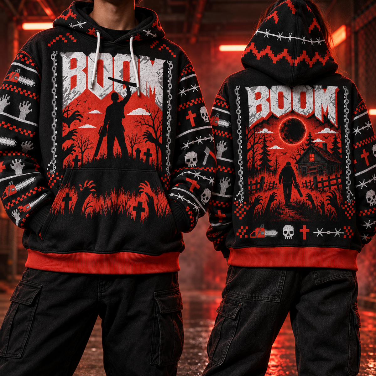 BOOM Unisex Hoodie — 8-Bit Horror Ugly Sweater Print