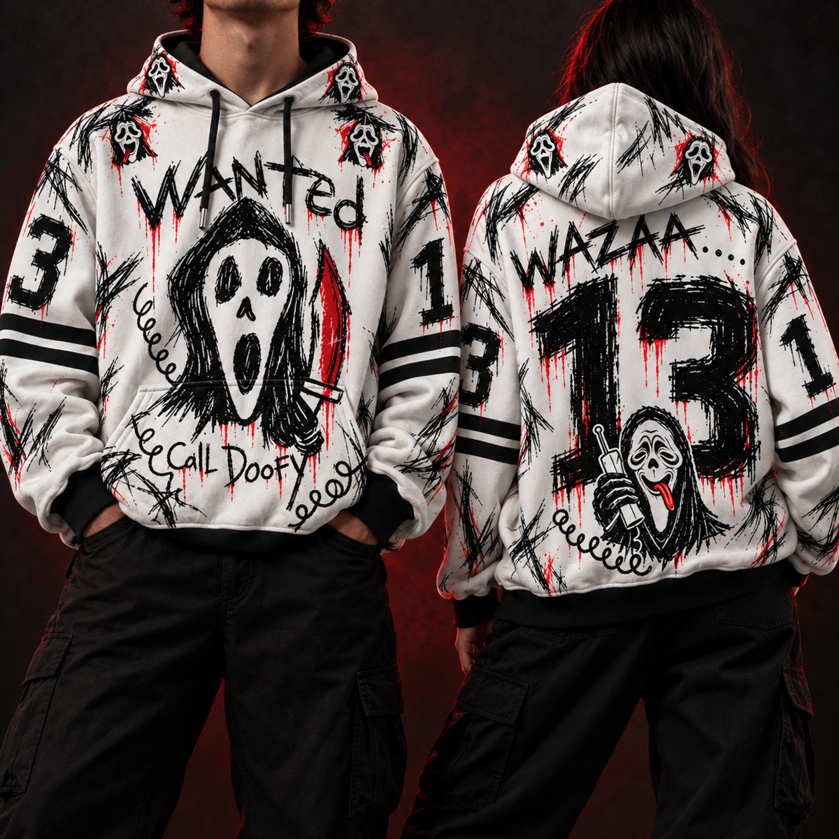 WAZAAA 13 Unisex Hoodie — Wanted Poster Scribble Horror Print