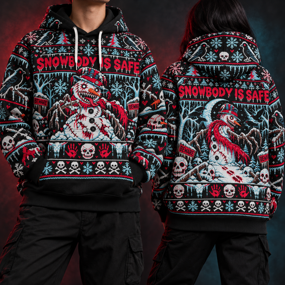 Snowbody Is Safe Unisex Hoodie — Killer Snowman Ugly Christmas Sweater Print
