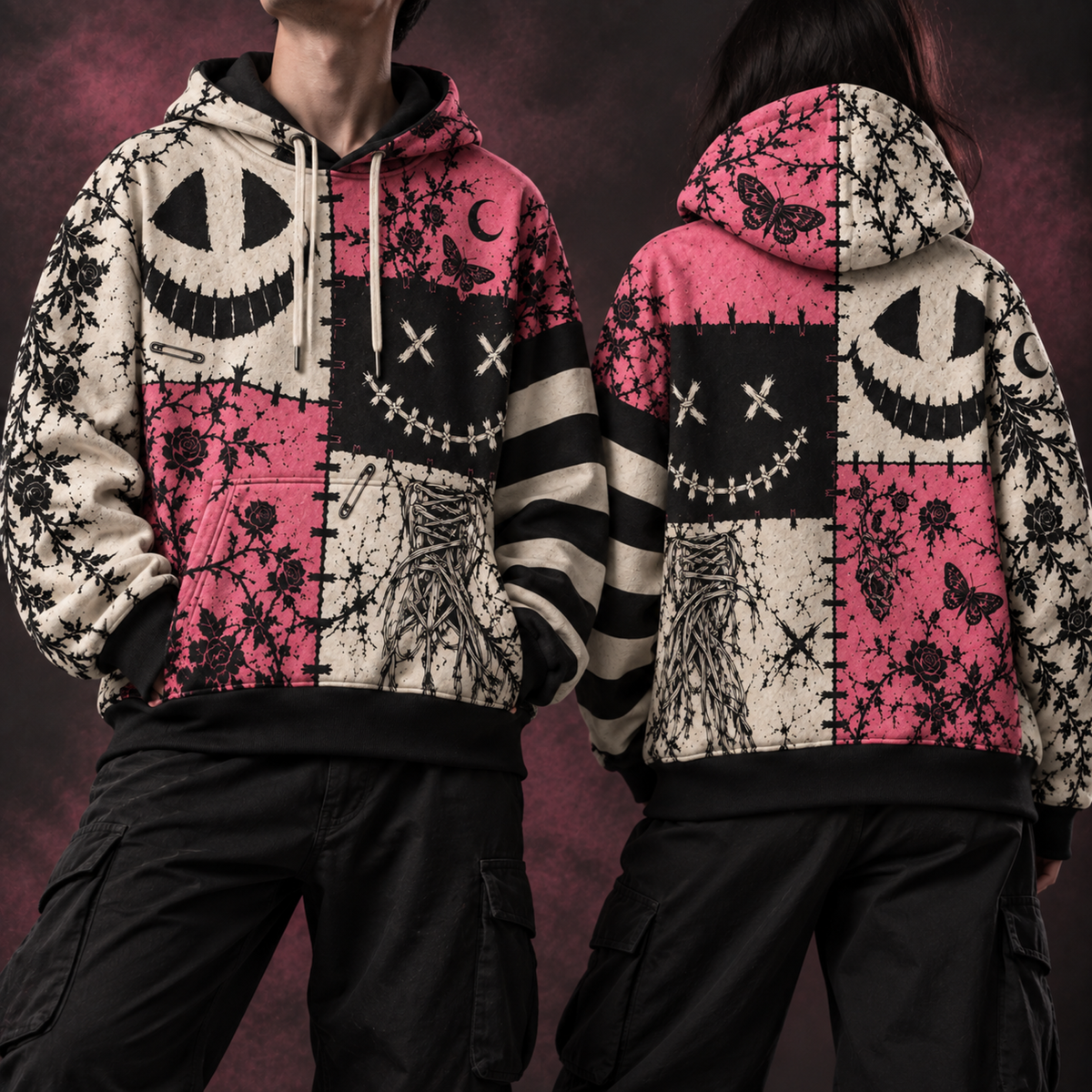 Patchwork Grin Unisex Hoodie — Stitched Smile Pink Gothic Print