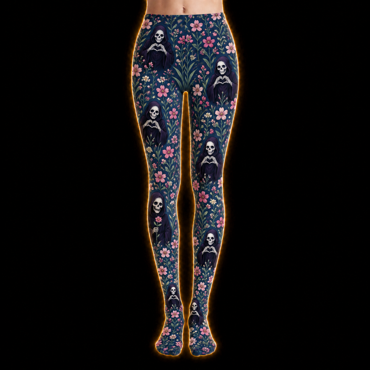 Crosfil Admirer Footed Tights — Grim Reaper Heart Hands Floral Print