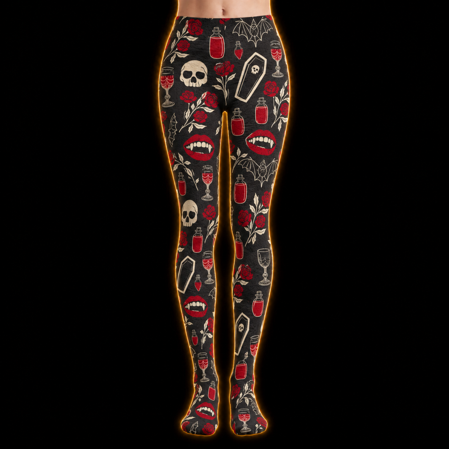 Crosfil Nightcap Footed Tights — Vampire Skulls & Roses Print