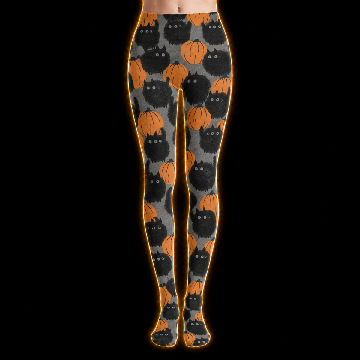 Crosfil The Patch Footed Tights — Black Cat & Pumpkin Print
