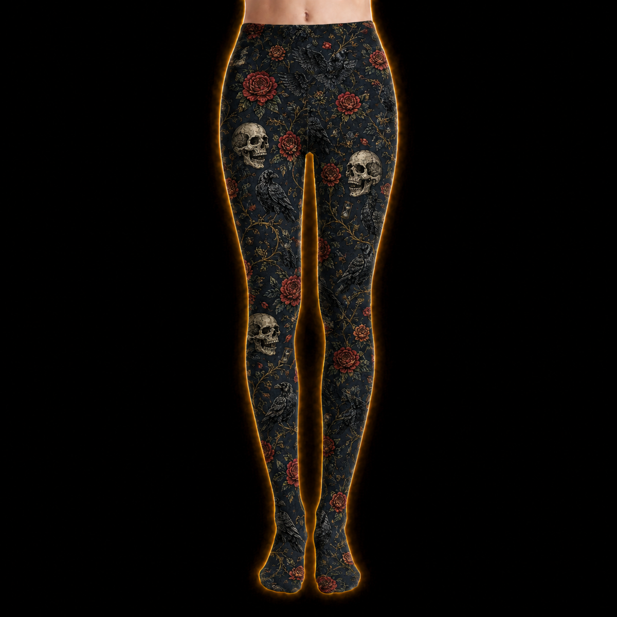 Crosfil Memento Footed Tights — Skulls, Ravens & Roses Gothic Print
