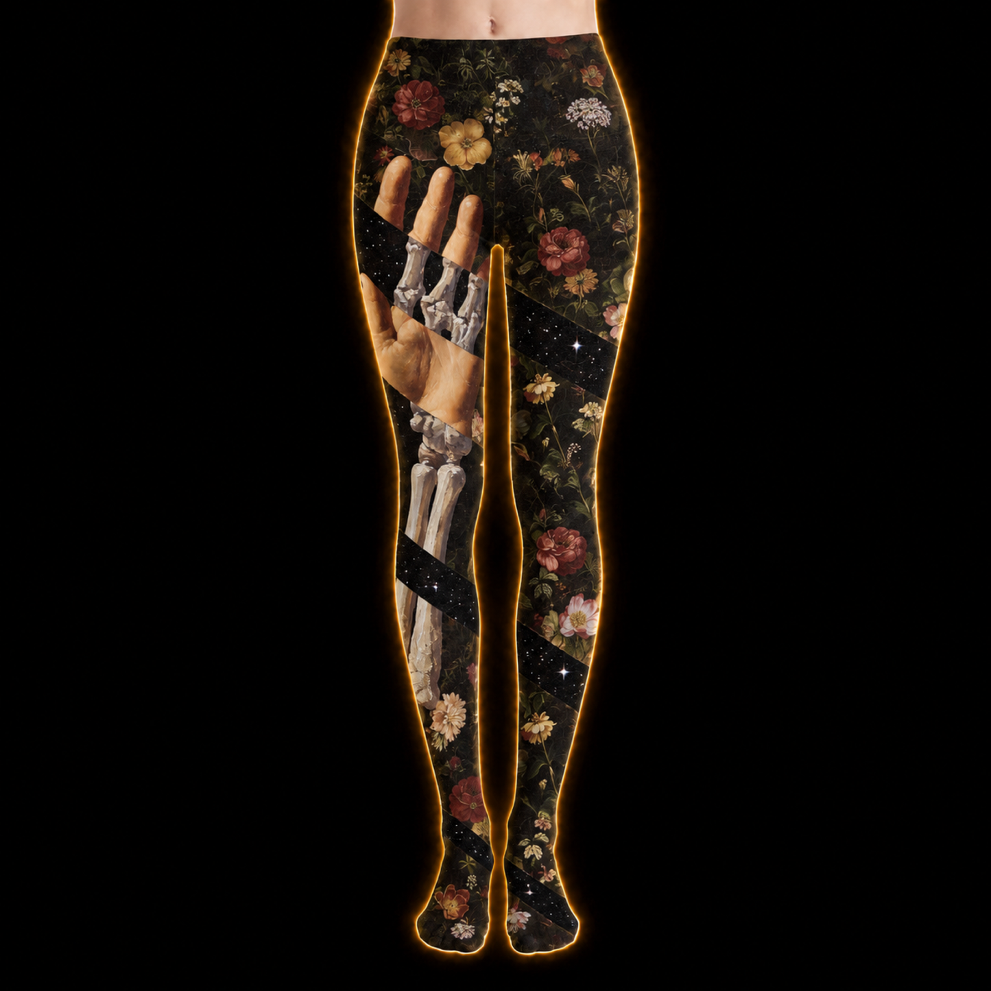 Crosfil Underneath Footed Tights — Memento Mori Skeleton Floral Print
