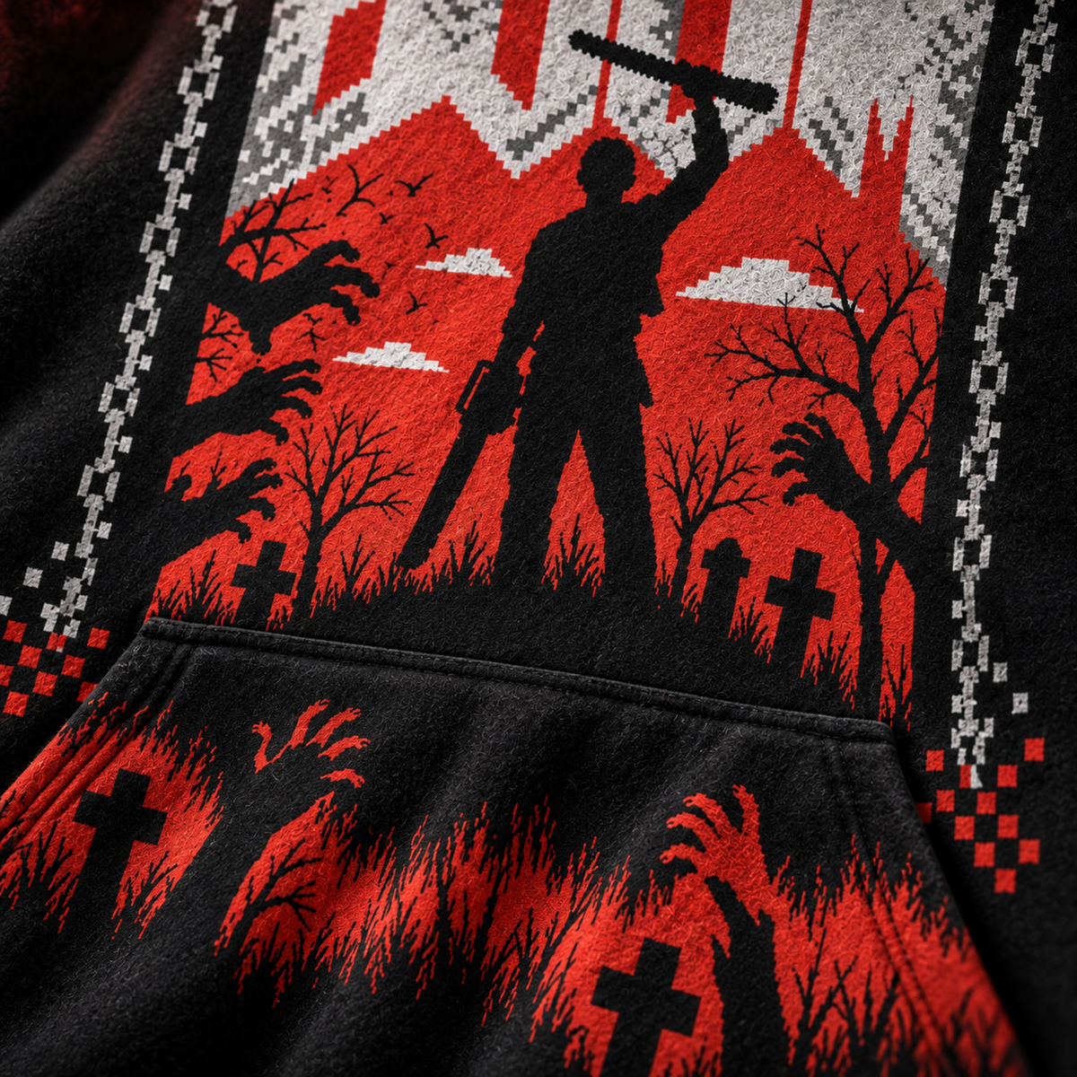 BOOM Unisex Hoodie — 8-Bit Horror Ugly Sweater Print