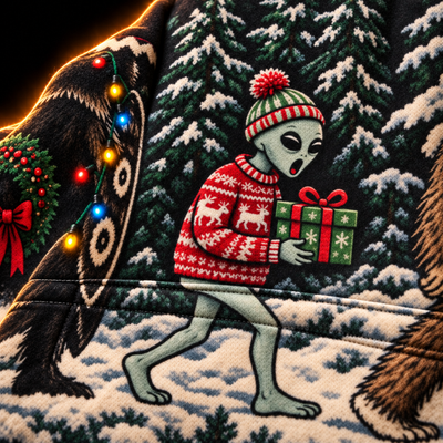Merry Cryptids Unisex Hoodie — Ugly Christmas Knit-Look Print