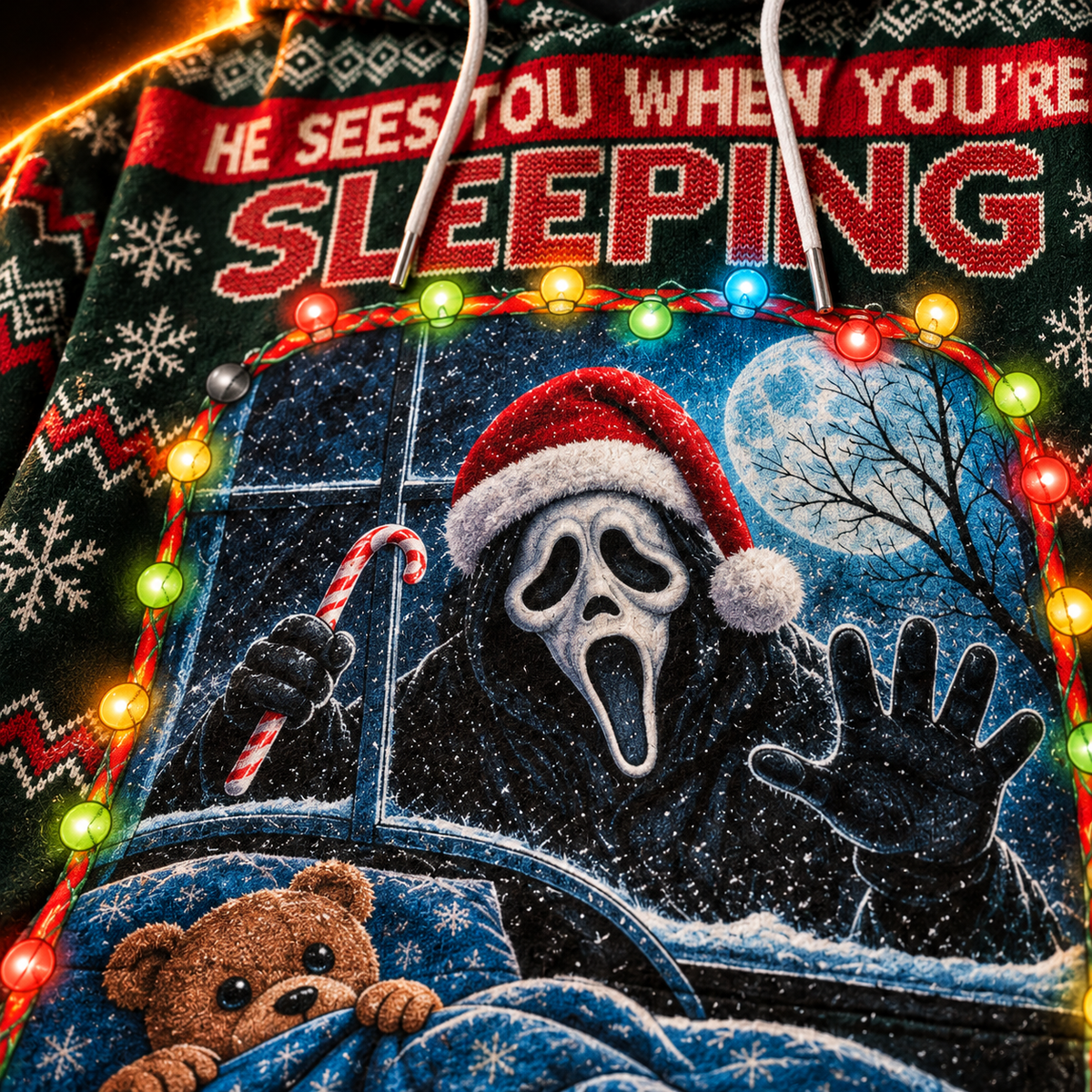 He Sees You When You’re Sleeping Unisex Hoodie — Merry Screamas Knit-Look Print
