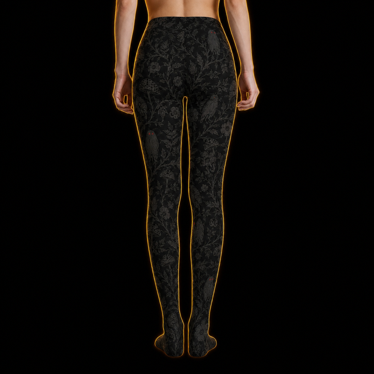 Crosfil Mothman Damask Footed Tights — Black Gothic Floral Cryptid Print