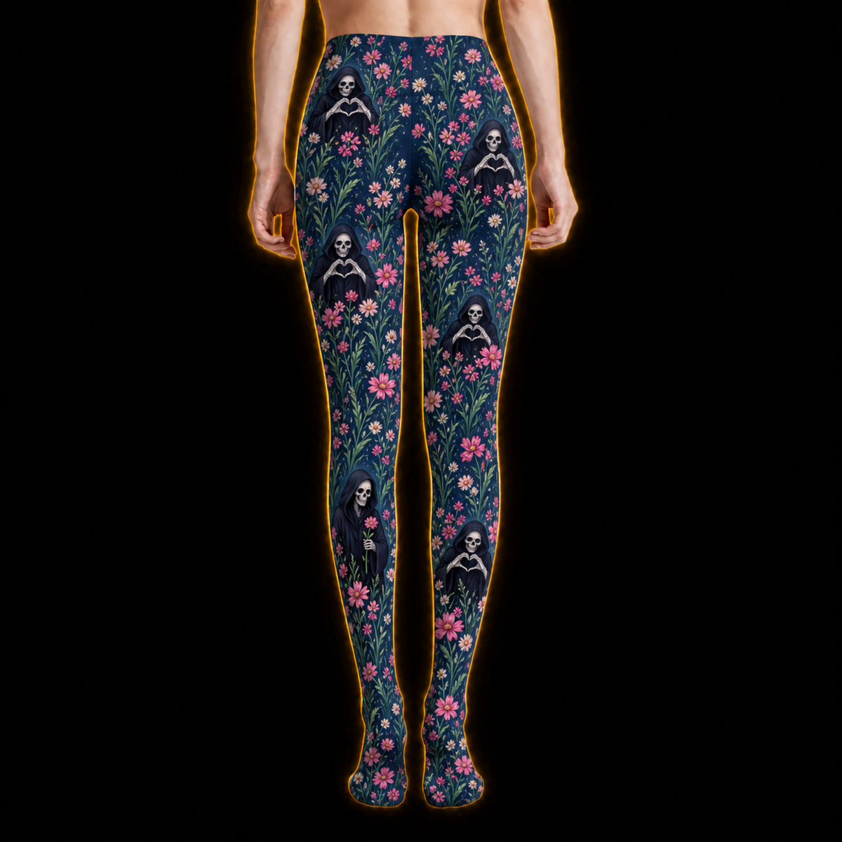 Crosfil Admirer Footed Tights — Grim Reaper Heart Hands Floral Print