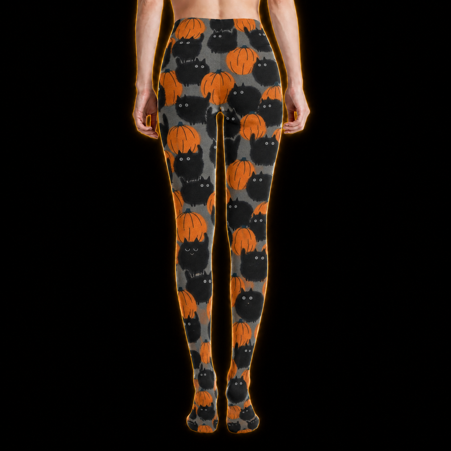 Crosfil The Patch Footed Tights — Black Cat & Pumpkin Print