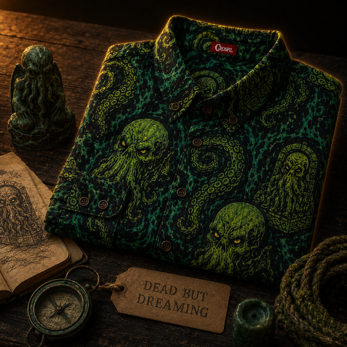 Crosfil Cthulhu Necropolis Long Sleeve Shirt — Green Eldritch Idol All-Over Print