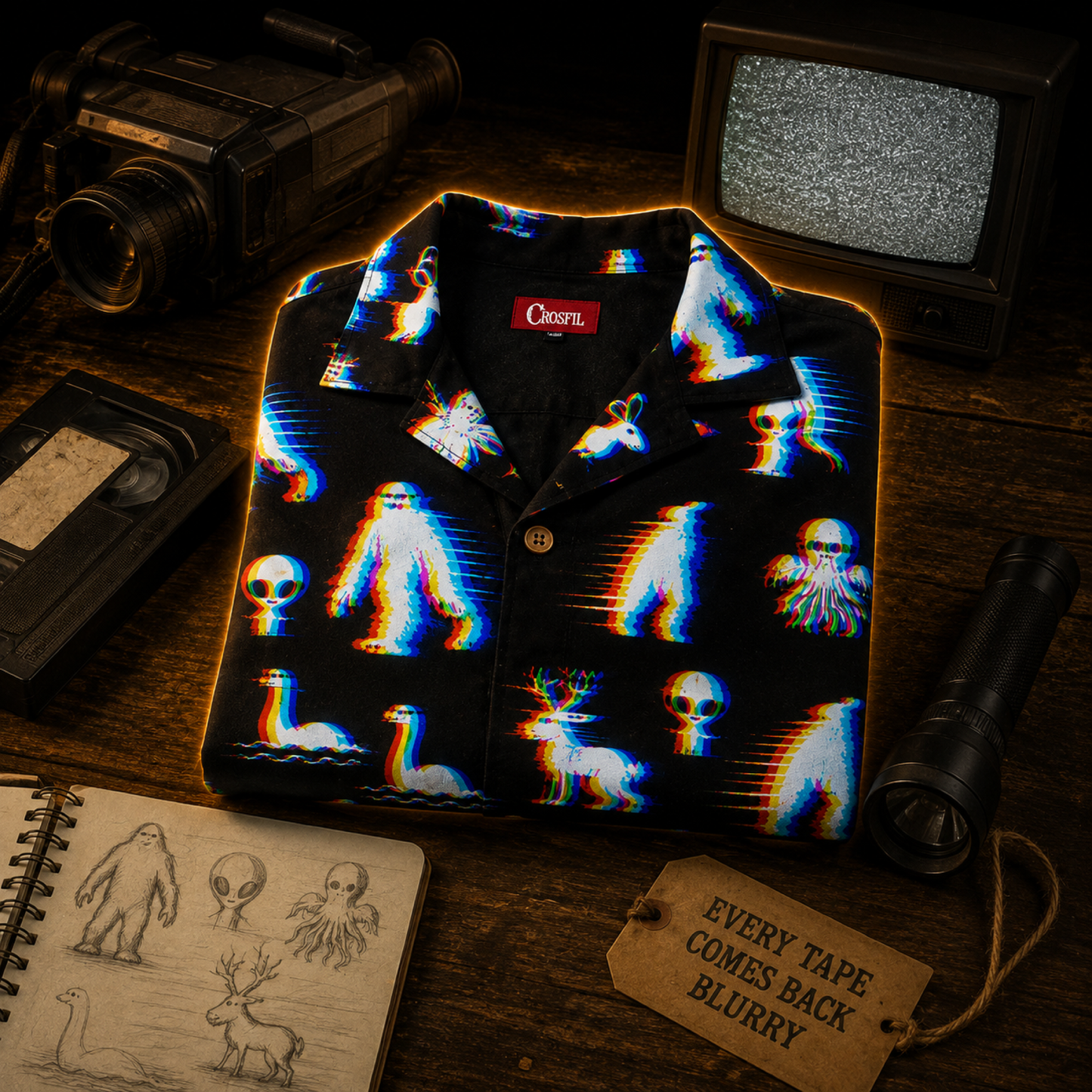 Crosfil Bad Footage Hawaiian Shirt — Glitch Cryptid VHS All-Over Print