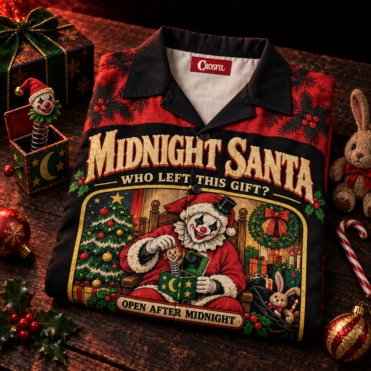 Midnight Santa Hawaiian Shirt — Vintage Horror Clown Christmas Print