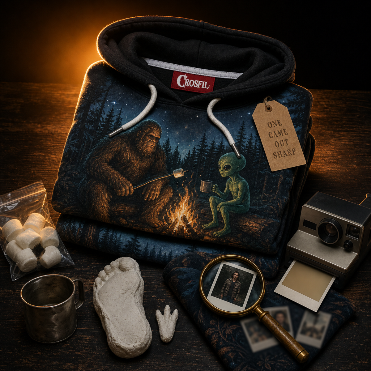 Crosfil Alibi Hoodie — Bigfoot & Alien Campfire Cryptid Print