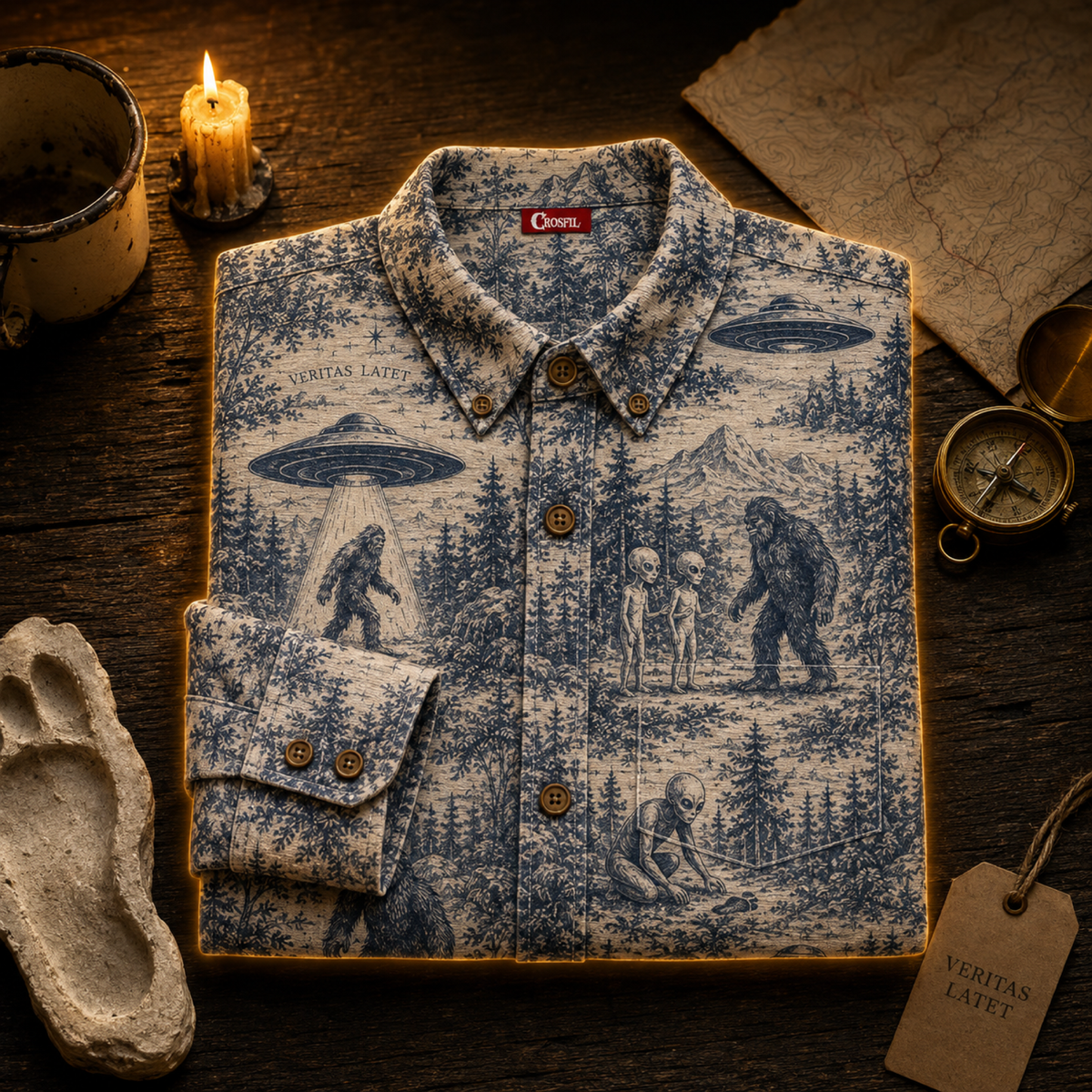 Crosfil Cryptid Toile Long Sleeve Shirt — Bigfoot & UFO Vintage Toile Print