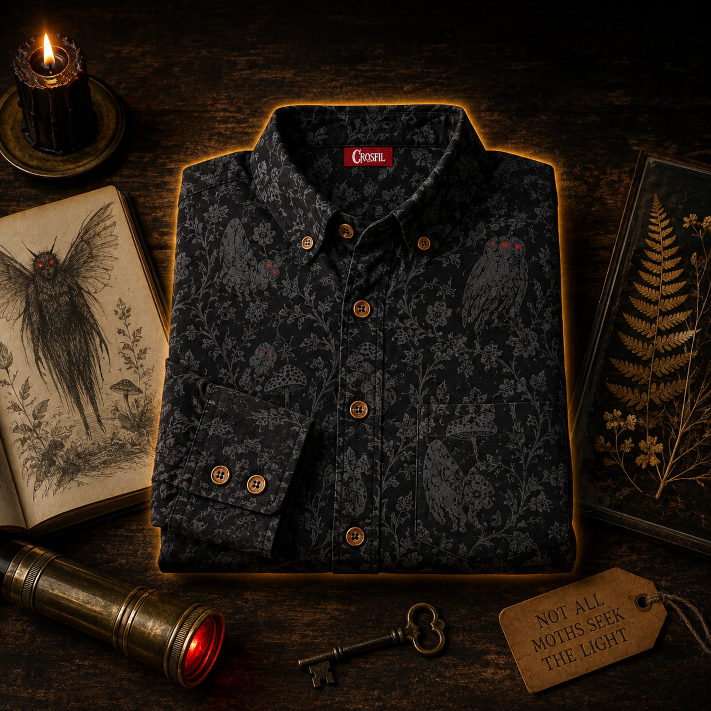 Crosfil Mothman Damask Long Sleeve Shirt — Black Gothic Floral Cryptid Print