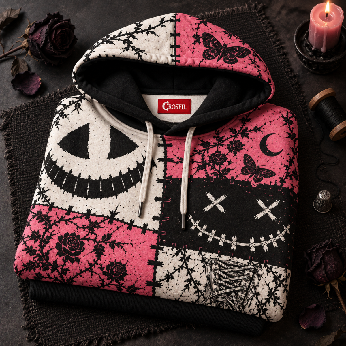 Patchwork Grin Unisex Hoodie — Stitched Smile Pink Gothic Print