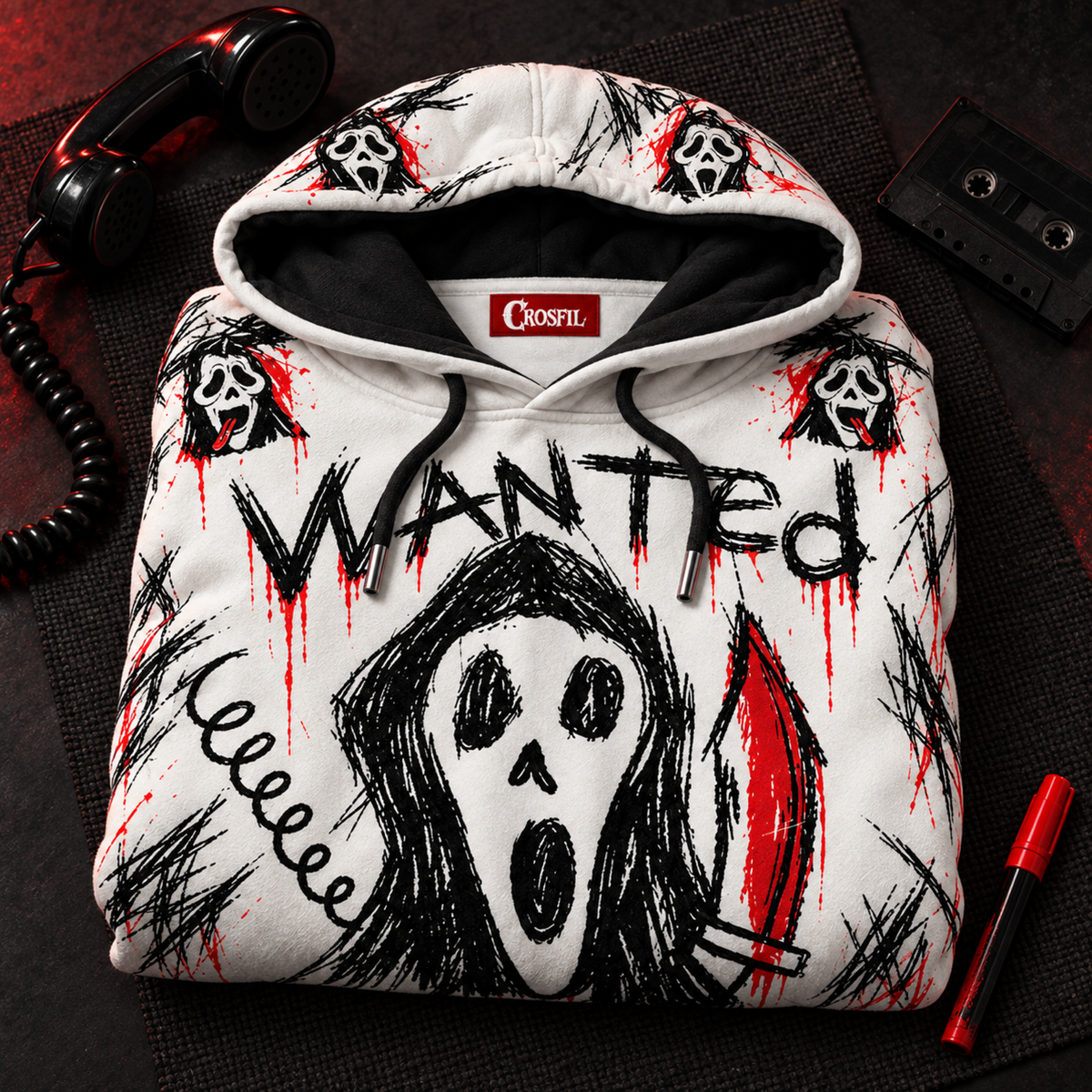 WAZAAA 13 Unisex Hoodie — Wanted Poster Scribble Horror Print