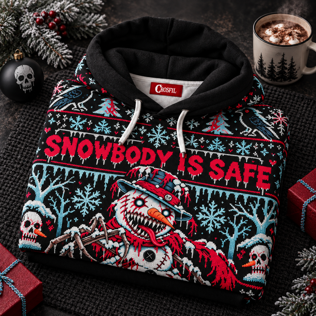Snowbody Is Safe Unisex Hoodie — Killer Snowman Ugly Christmas Sweater Print